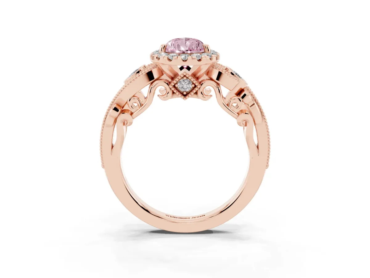 Fancy Pink Pear Cut Diamond Halo Ring with Milgrain Pavé Band and Four-Prong Setting Rose gold