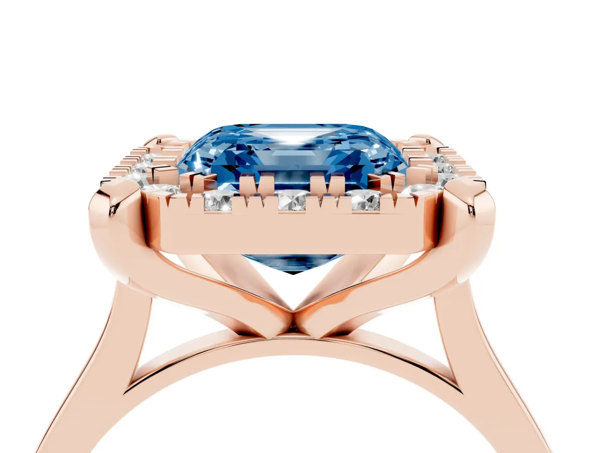 Fancy Blue Asscher Cut Diamond Cluster Halo Solitaire with Four-Prong Setting Rose gold