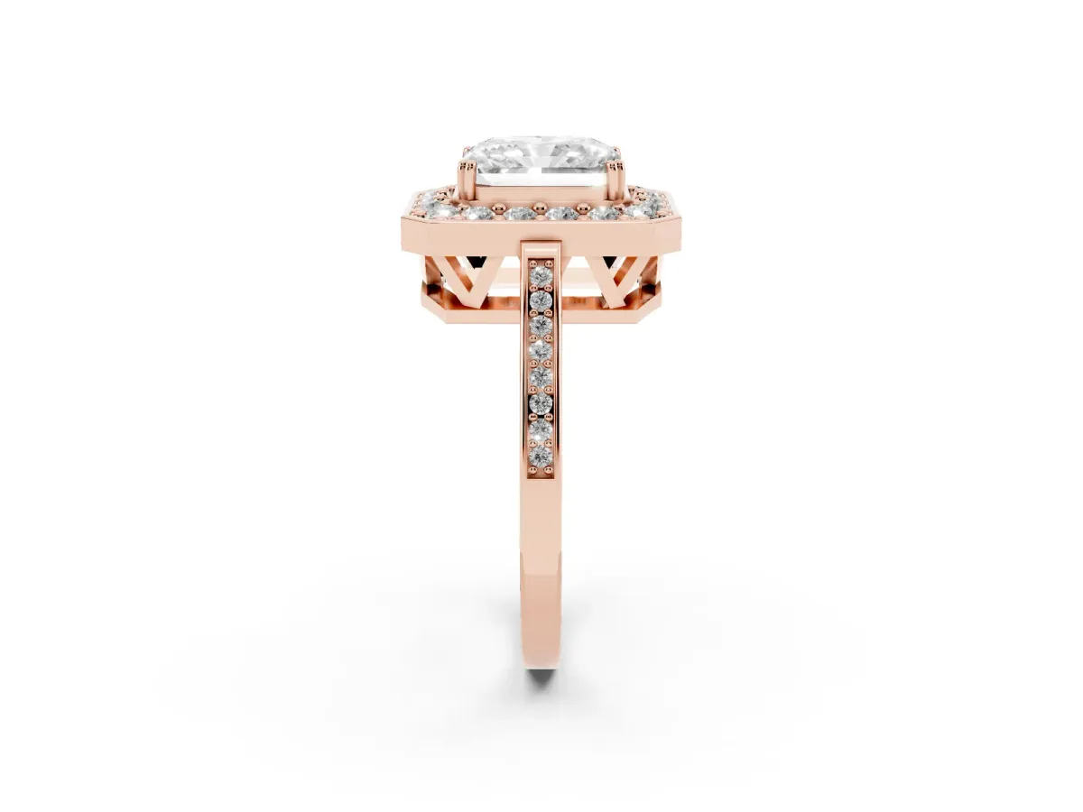 Radiant Cut Diamond Halo Ring with Split Shank and Four-Prong Setting Rose gold