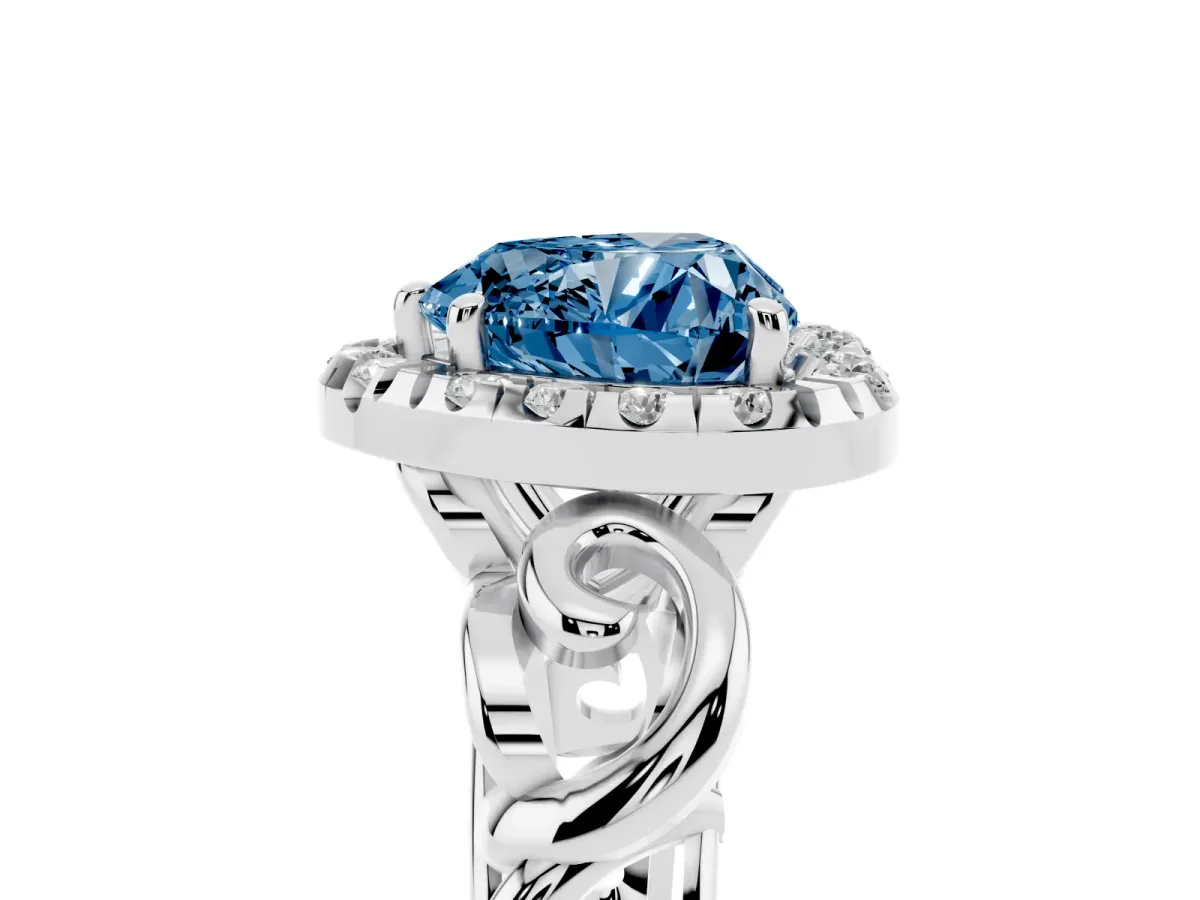 Fancy Blue Heart Cut Cut Halo Diamond Ring with Scrollwork Band and Four-Prong Setting Platinum
