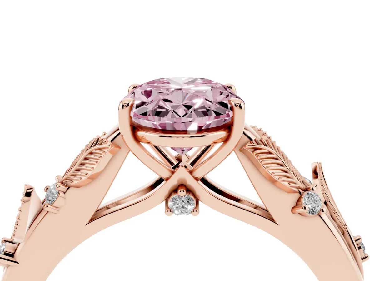 Fancy Pink Oval Cut Diamond Solitaire Ring with Leaf Motif Band and Four-Prong Setting Rose gold