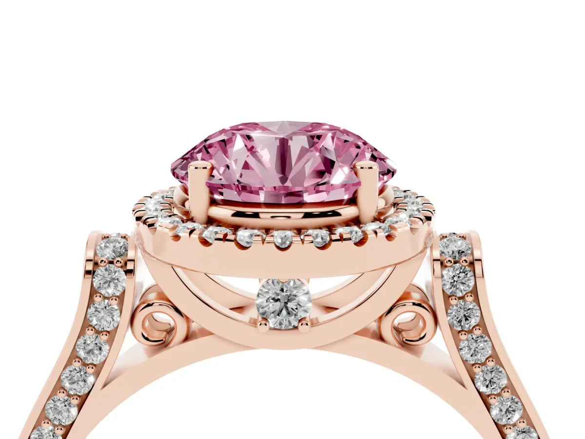 Fancy Pink Round Cut Halo Pave Split Shank Prong Setting Ring Rose gold