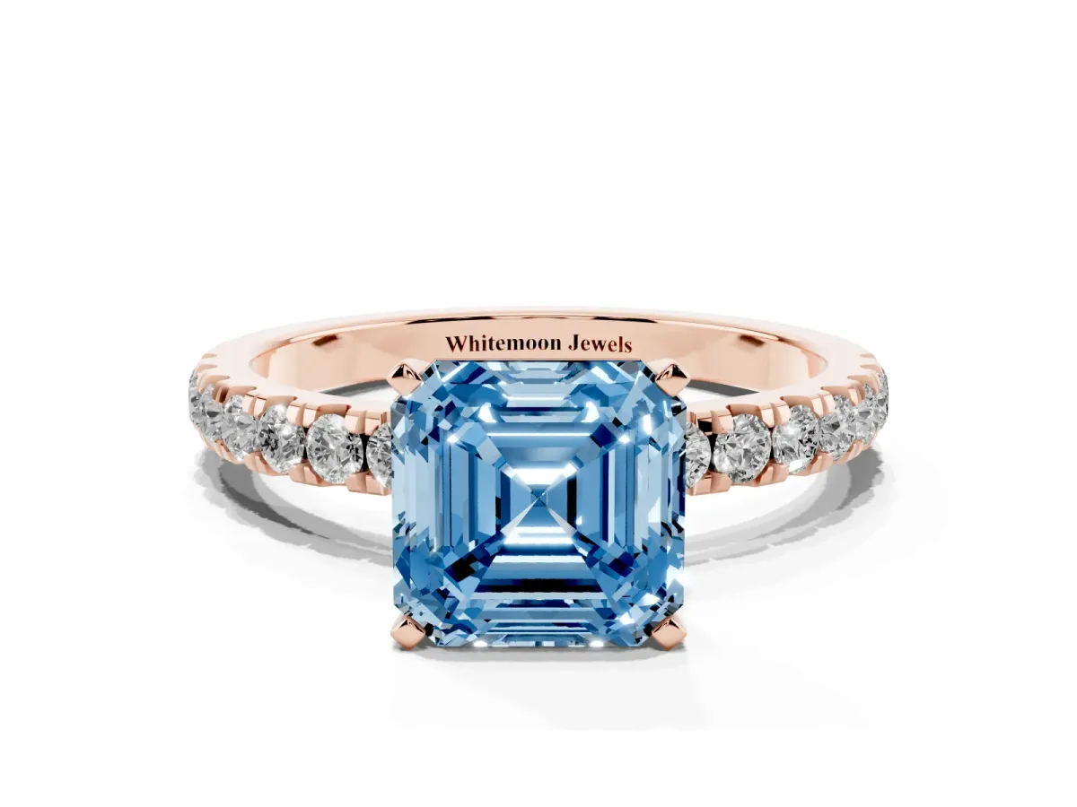 Fancy Blue Asscher Cut Diamond Solitaire Ring with Pavé Accents and Four-Prong Setting Rose gold