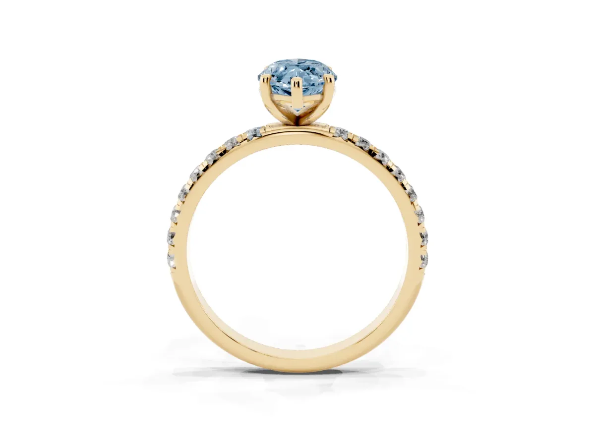 Fancy Blue Marquise Cut Cut Diamond Solitaire Ring with Micro Pave Band and Four Prong Setting Yellow gold