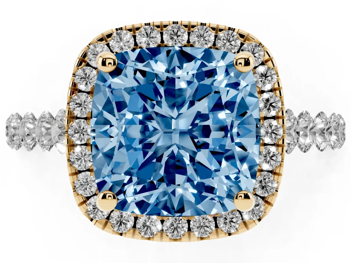 Fancy Blue Cushion Cut Halo Pavé Diamond Engagement Ring with Four-Prong Setting Yellow gold