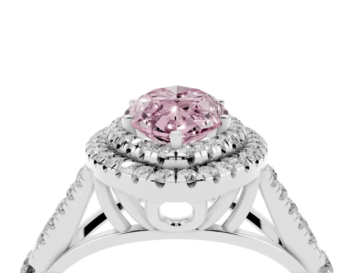 Fancy Pink Marquise Cut Diamond Pavé Split Shank Double Halo Engagement Ring Silver