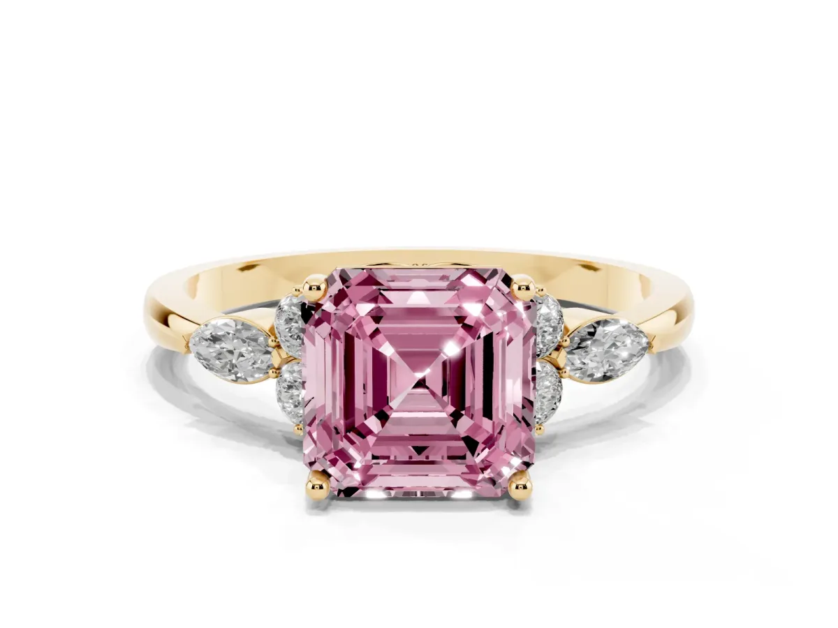 Fancy Pink Asscher Cut Brilliant Diamond Solitaire Ring with Pear Side Stones and Four-Prong Setting Yellow gold
