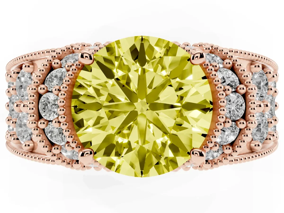 Fancy Yellow Round Cut Halo Pave Diamond Engagement Ring with Milgrain Detailing Rose gold