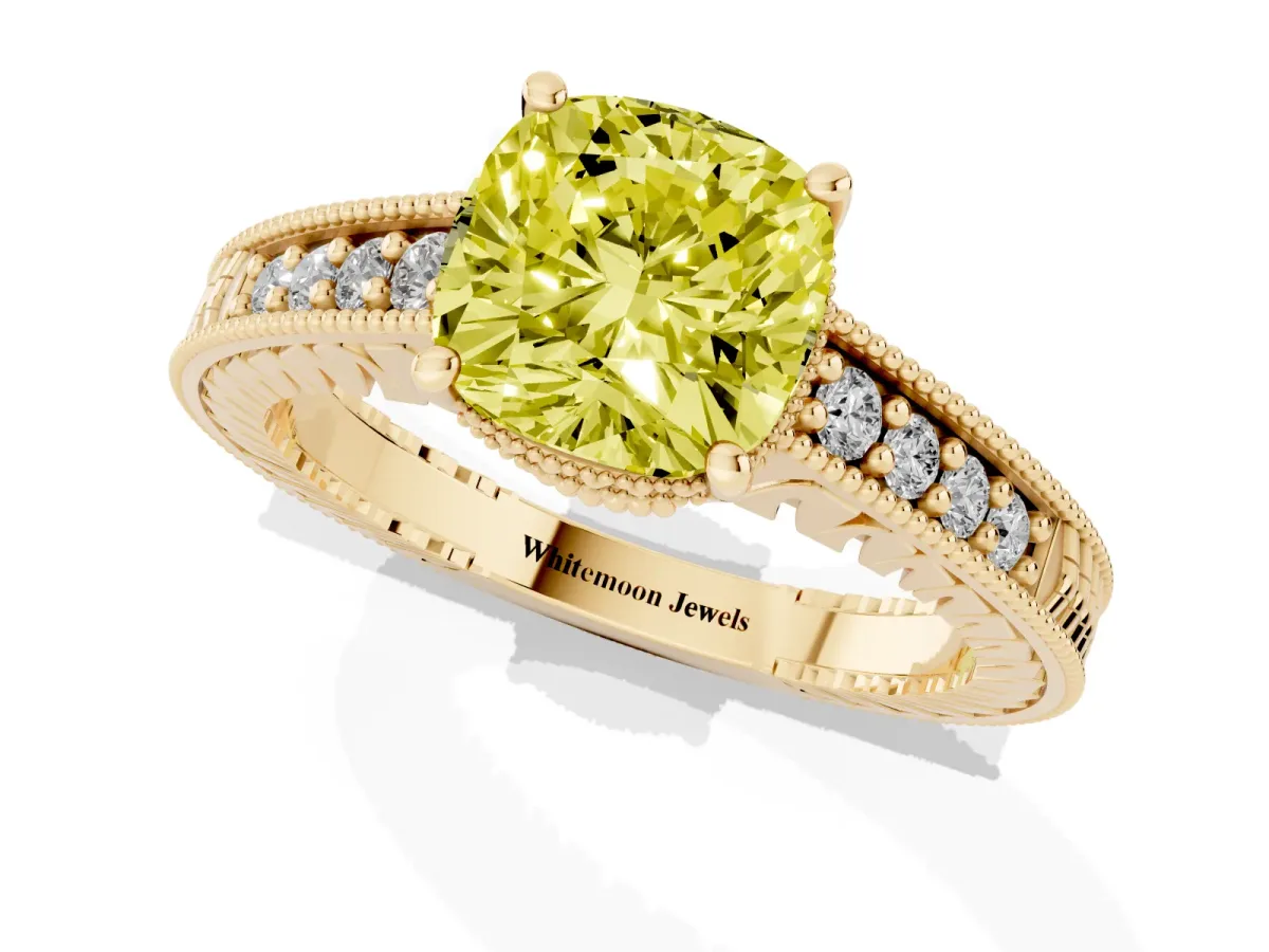Fancy Yellow Cushion Cut Solitaire Pavé Diamond Milgrain Engagement Ring with Four-Prong Setting Yellow gold