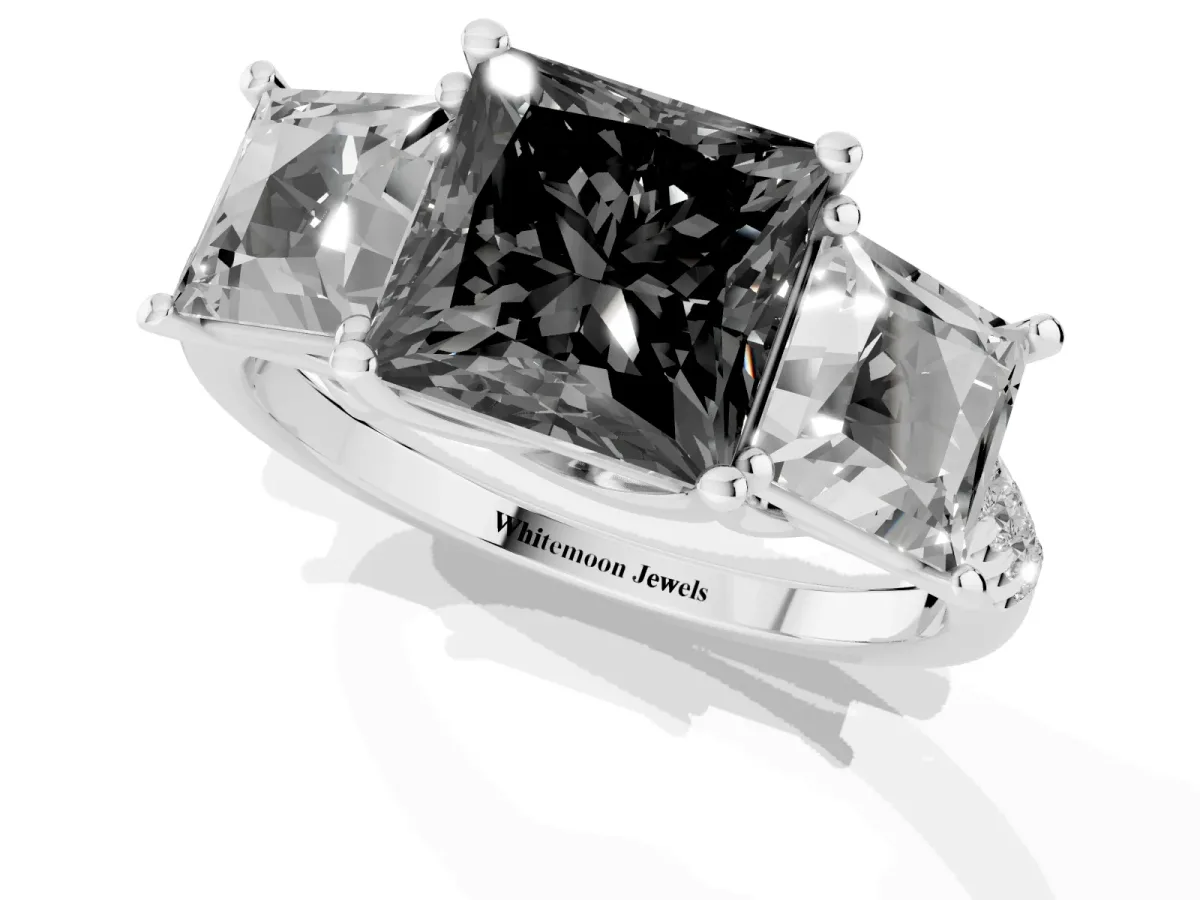 Fancy Black Three-Stone Princess Cut Diamond Ring with Round Pavé Band and Prong Setting Silver