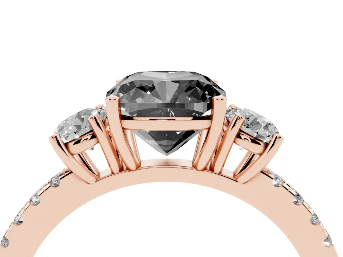 Fancy Black Three-Stone Cushion Cut Cut Diamond Pavé Band with Prong Setting Rose gold