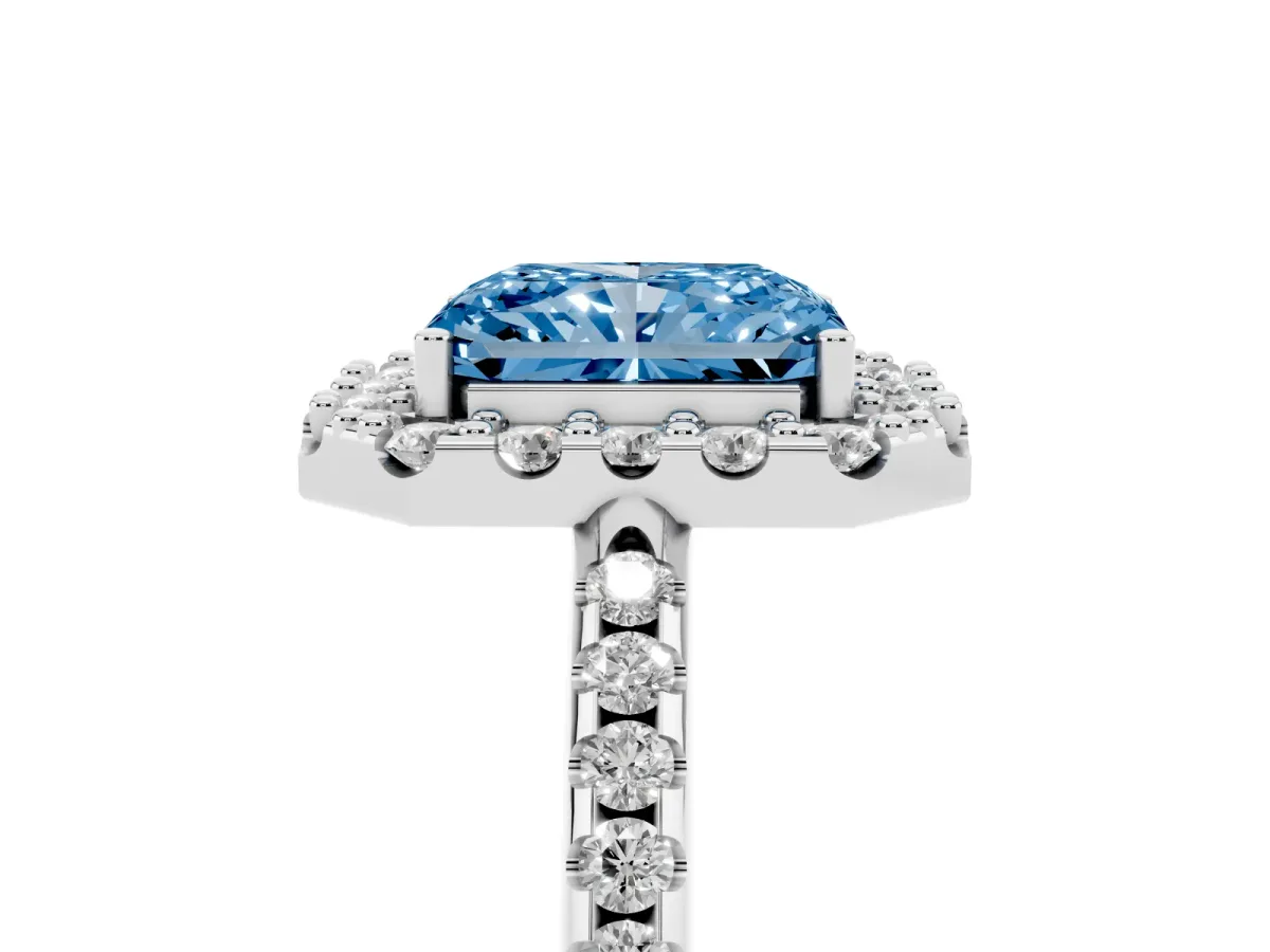 Fancy Blue Radiant Cut Diamond Pavé Halo Ring with Four-Prong Setting Silver