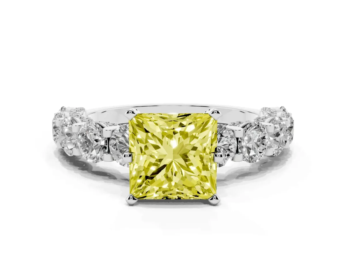 Fancy Yellow Princess Cut Diamond Side Stone Engagement Ring with Four-Prong Setting Platinum