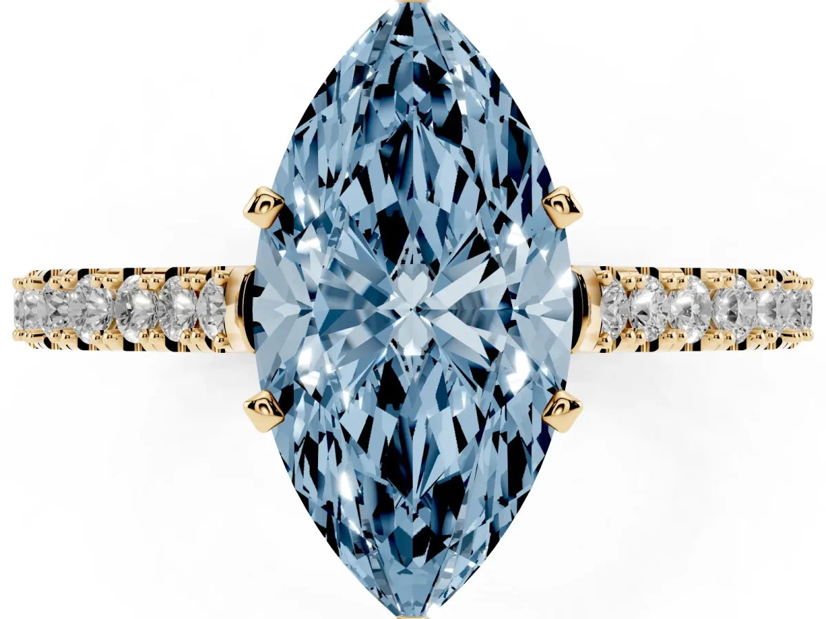Fancy Blue Marquise Cut Cut Solitaire Diamond Engagement Ring with Pave Band and Four-Prong Setting Yellow gold