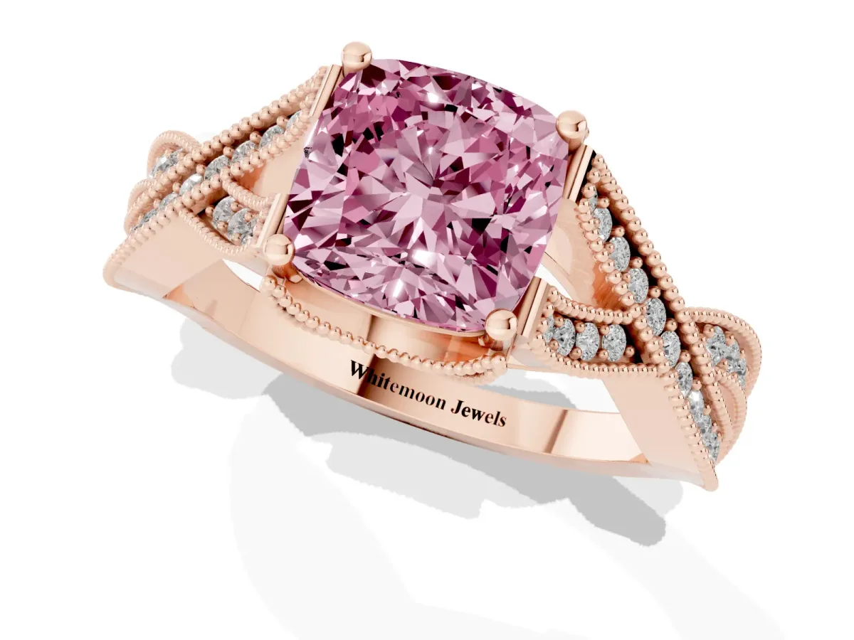 Fancy Pink Cushion Cut Cut Diamond Twisted Band with Milgrain Pave Setting and Four-Prong Setting Rose gold