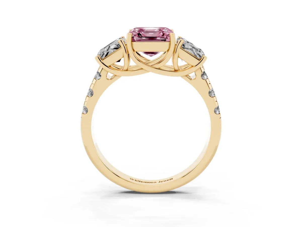 Fancy Pink Three-Stone Asscher Cut Diamond Pavé Band with Prong Setting Yellow gold