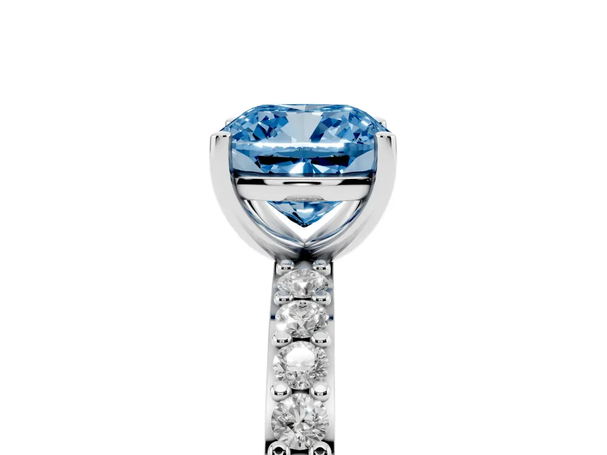 Fancy Blue Cushion Cut Cut Diamond Solitaire with Pave Band and Four-Prong Setting Silver