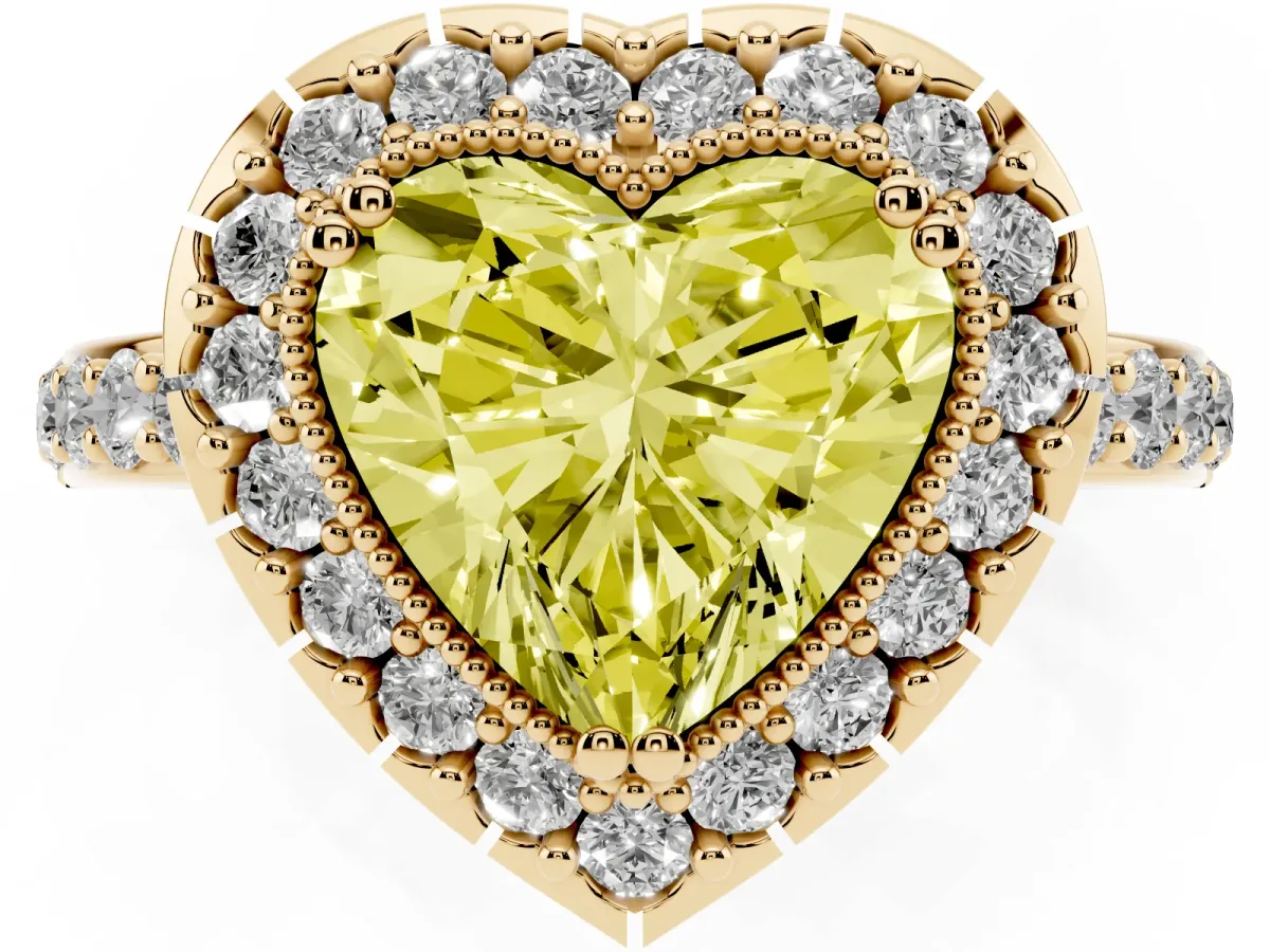 Fancy Yellow Heart Cut Diamond Halo Ring with Pavé Band and Prong Setting Yellow gold