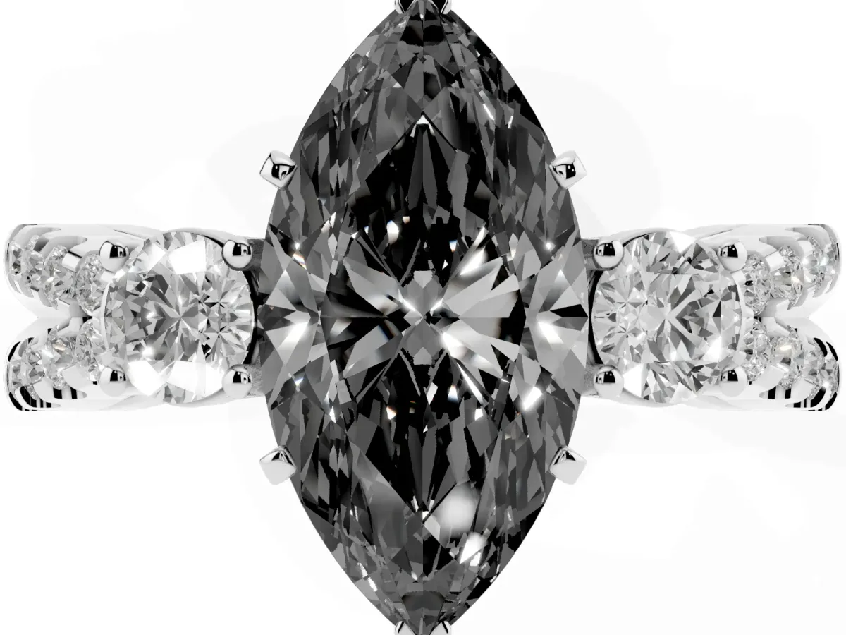 Fancy Black Marquise Cut Diamond Three-Stone Ring with Pavé Split Shank and Four-Prong Setting Platinum