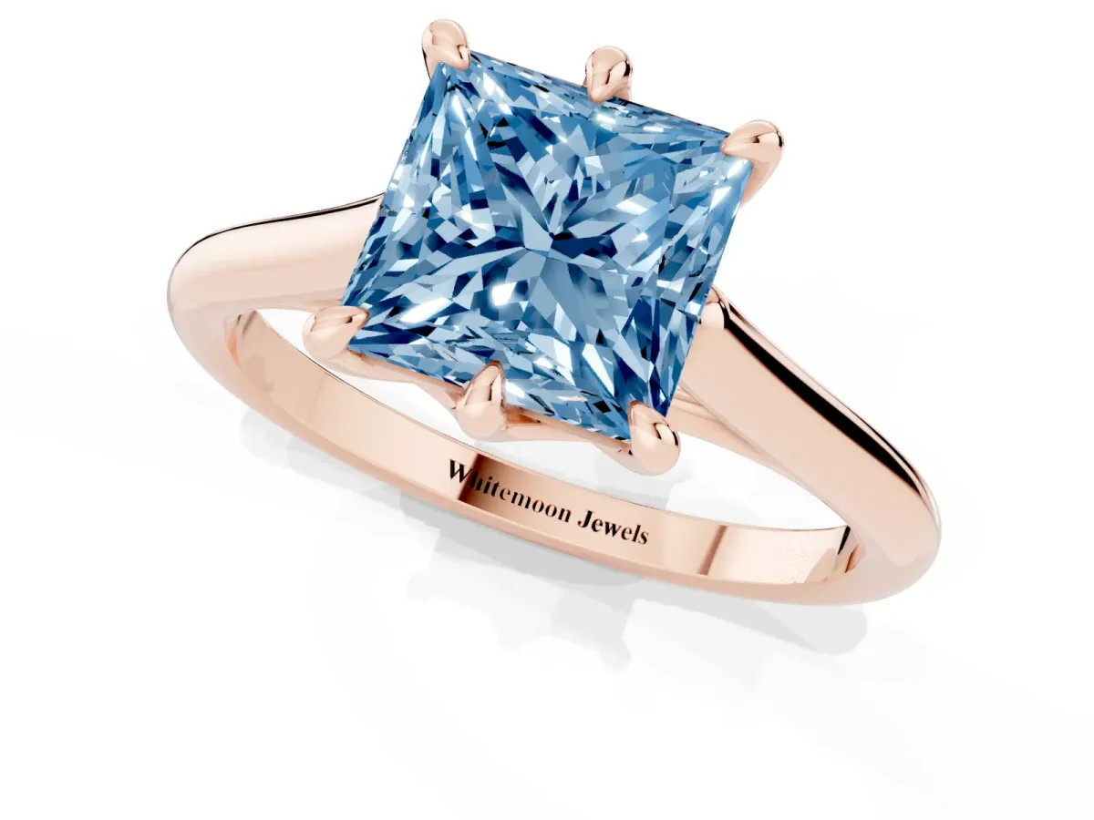 Fancy Blue Princess Cut Solitaire Engagement Ring with Six-Prong Setting and Classic Band Rose gold