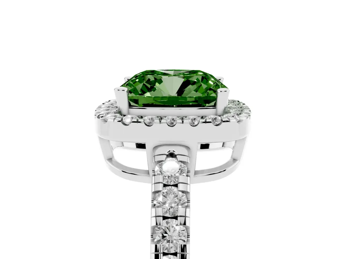Fancy Green Cushion Cut Diamond Halo Ring with Pavé Band and Four-Prong Setting Platinum