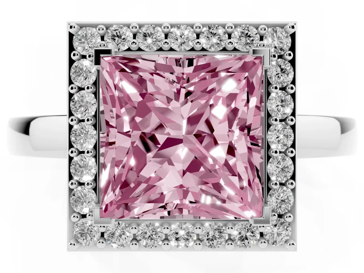 Fancy Pink Princess Cut Halo Diamond Ring with Solitaire Band and Prong Setting Platinum