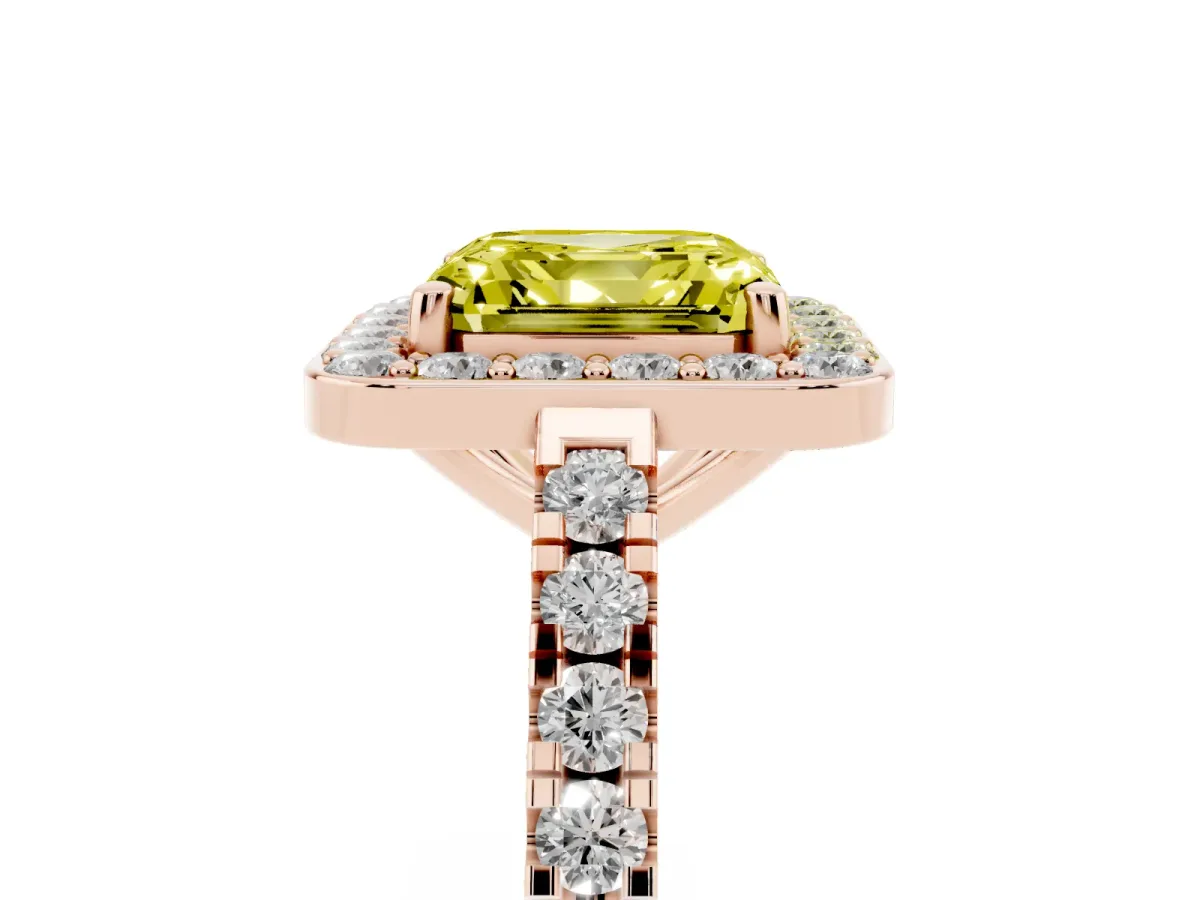 Fancy Yellow Asscher Cut Diamond Halo Ring with Round Pavé Split Shank and Prong Setting Rose gold
