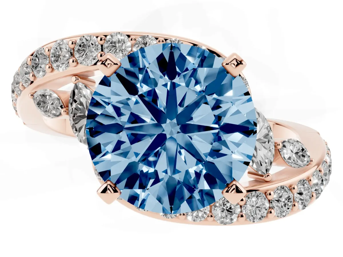 Fancy Blue Round Cut Solitaire with Pavé Twist Band and Four-Prong Setting Rose gold