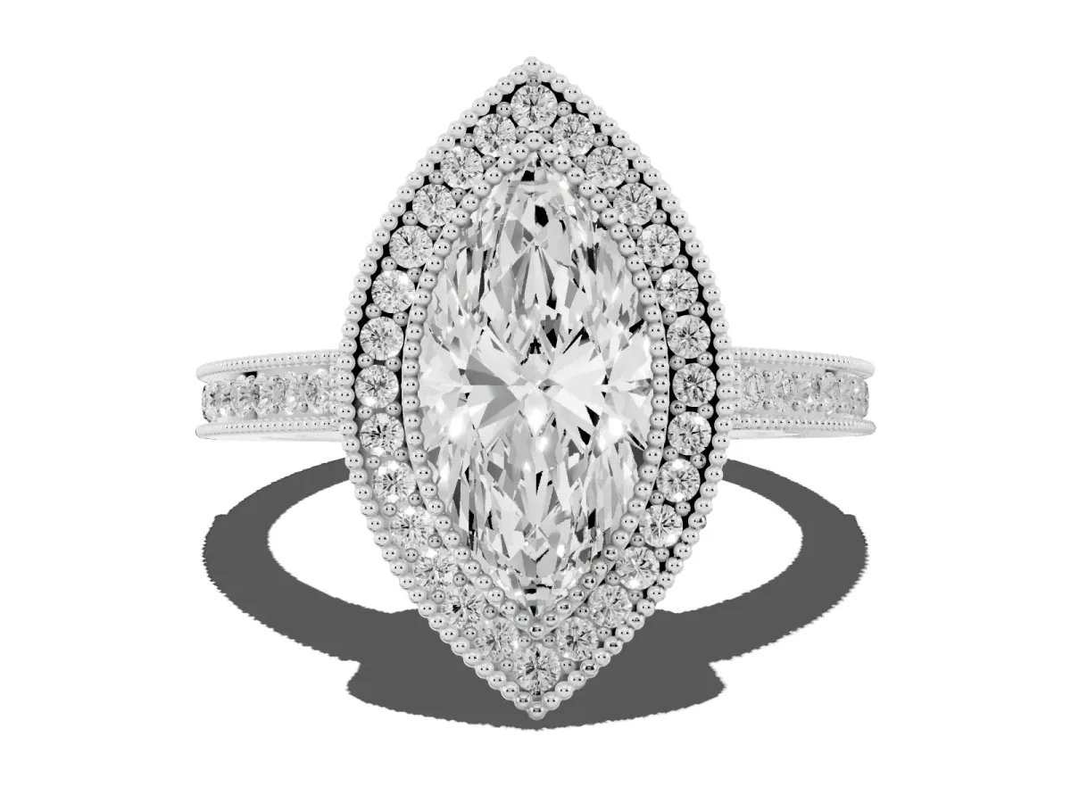 Marquise Cut Cut Halo Diamond Ring with Pavé Band and Milgrain Prong Setting White gold