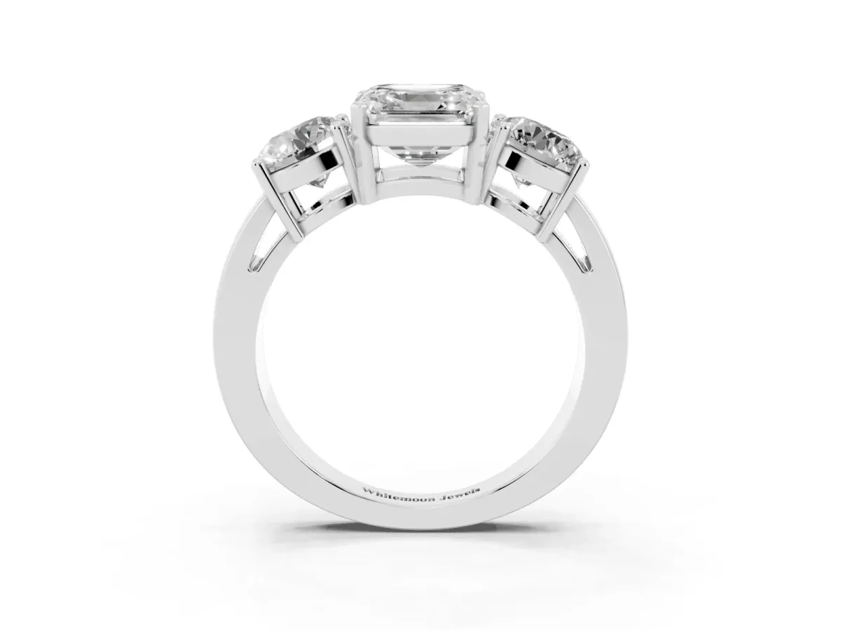 Three-Stone Asscher Cut Diamond Ring with Round Side Stones, Classic Band, and Four-Prong Setting Silver