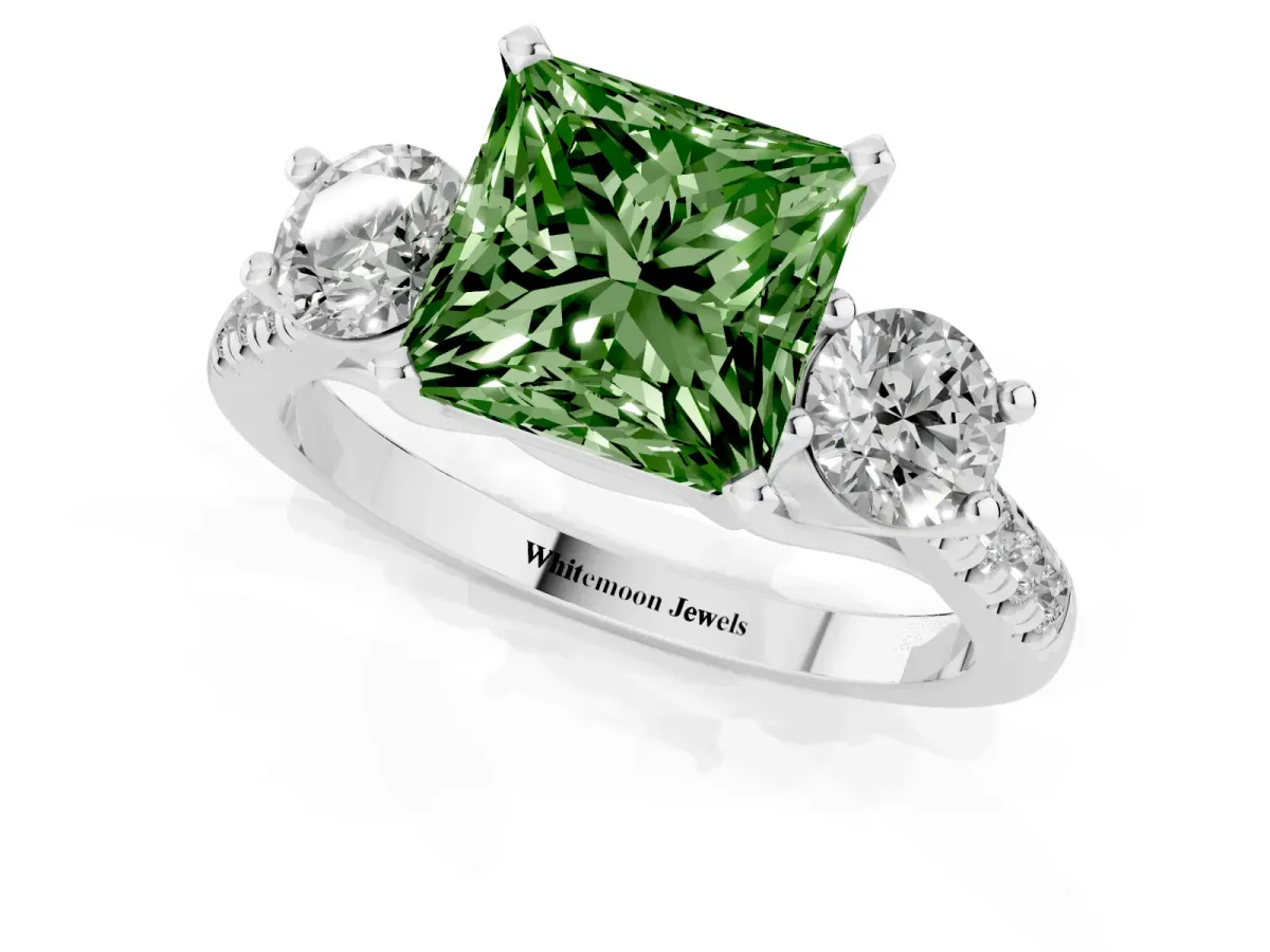 Fancy Green Three-Stone Princess Cut Diamond Pavé Band with Four-Prong Setting Silver