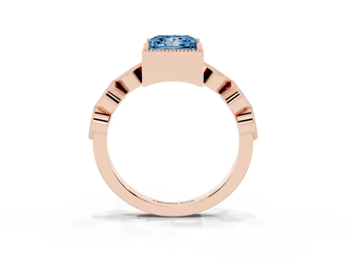 Fancy Blue Princess Cut Diamond Vintage Milgrain Ring with Round Stations Rose gold