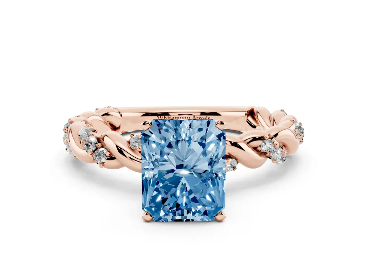 Fancy Blue Radiant Cut Diamond Solitaire Ring with Twisted Band and Pavé Accents Rose gold