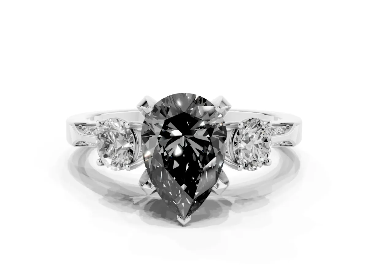 Fancy Black Pear Cut Brilliant Three-Stone Diamond Ring with Pavé Band and Four-Prong Setting Platinum