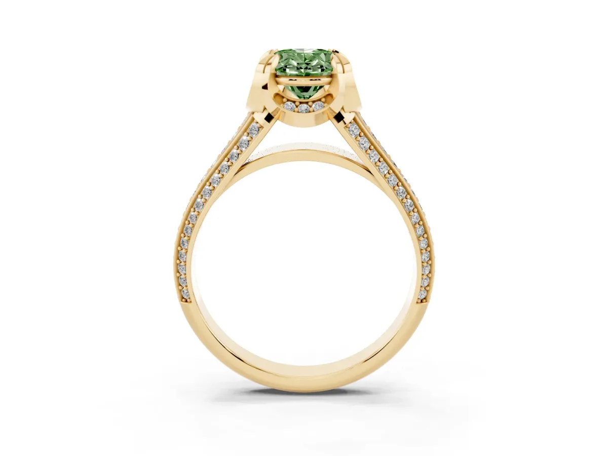 Fancy Green Oval Cut Solitaire Pave Split Shank Ring with Four-Prong Setting Yellow gold