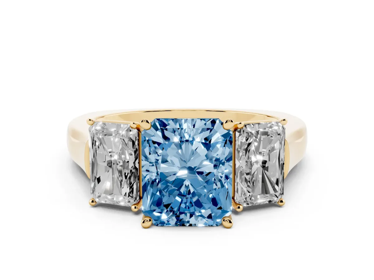 Fancy Blue Three-Stone Radiant Cut Brilliant Diamond Trellis Ring with Comfort Fit Band Yellow gold