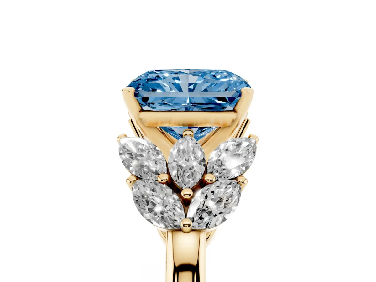 Fancy Blue Radiant Cut Diamond Cluster Leaf Design Ring with Prong Setting Yellow gold