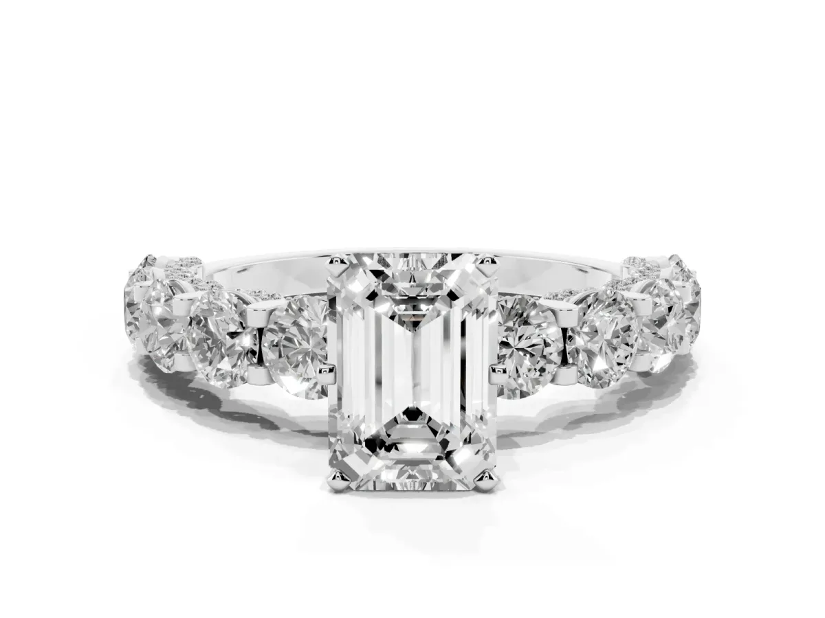 Emerald Cut Diamond Side Stone Engagement Ring with Four-Prong Setting Silver