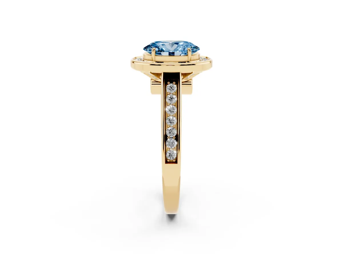Fancy Blue Oval Cut Halo Solitaire Diamond Ring with Pave Band and Bezel Setting Yellow gold