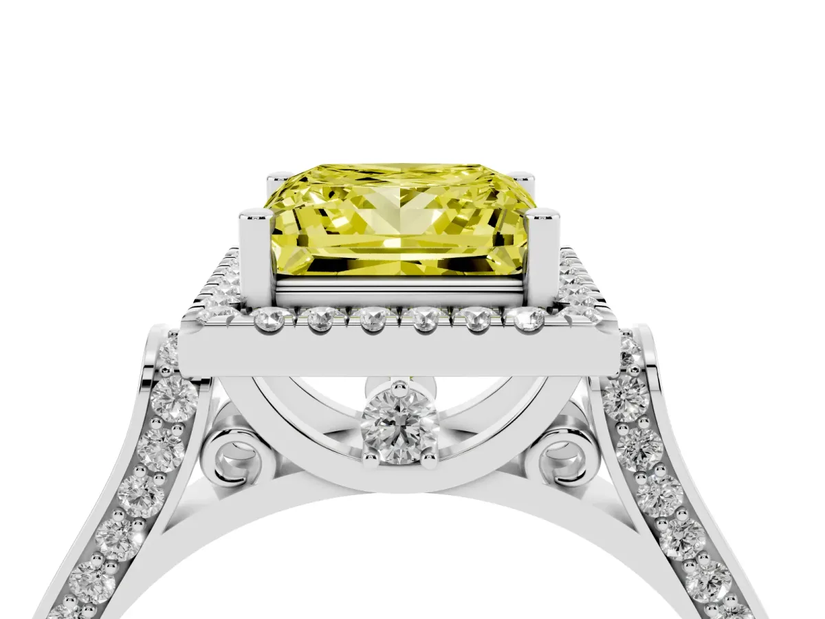 Fancy Yellow Princess Cut Halo Round Diamond Twist Band with Four-Prong Setting White gold