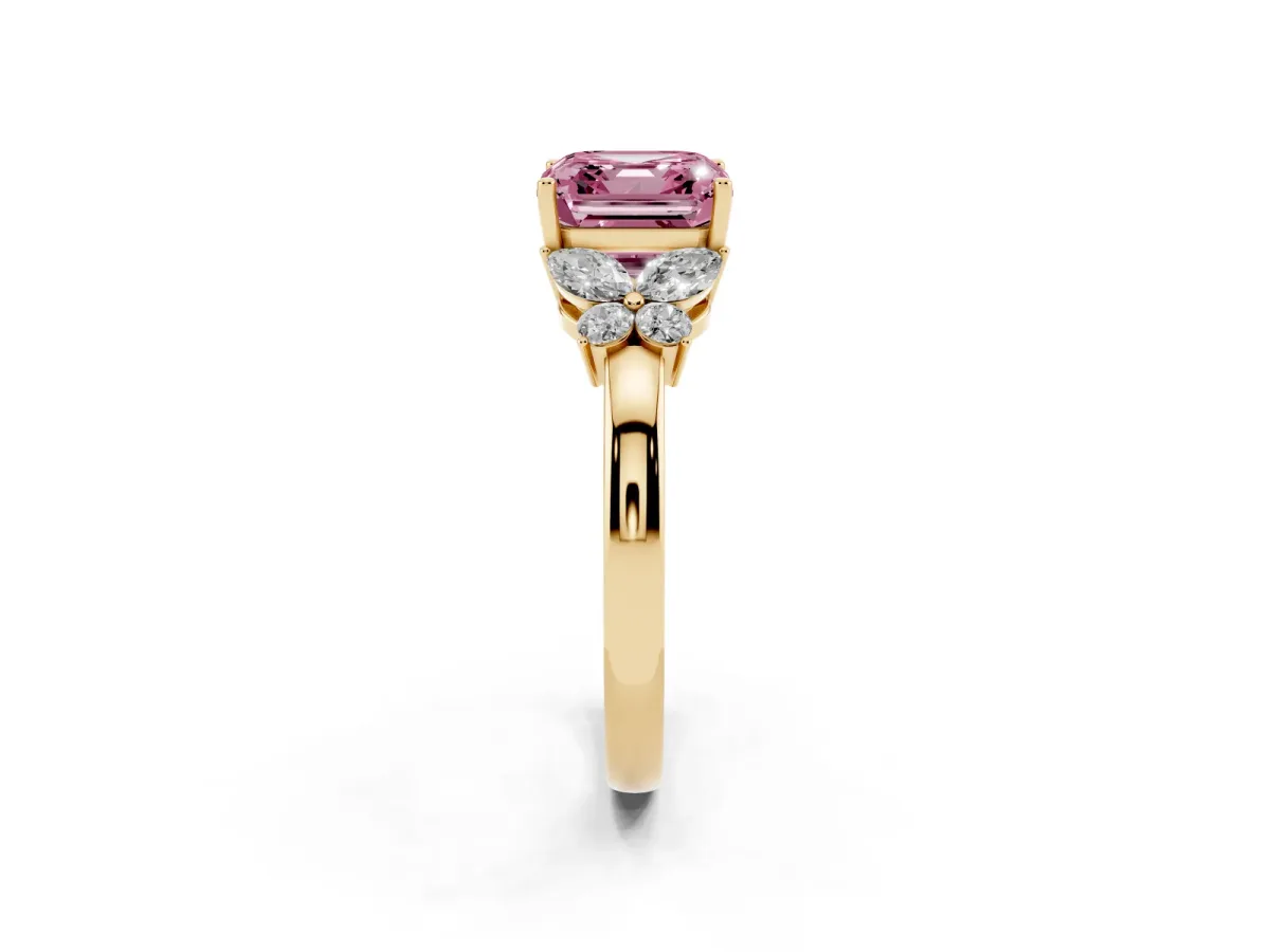 Fancy Pink Asscher Cut Cut Solitaire Floral Diamond Ring with Four-Prong Setting Yellow gold
