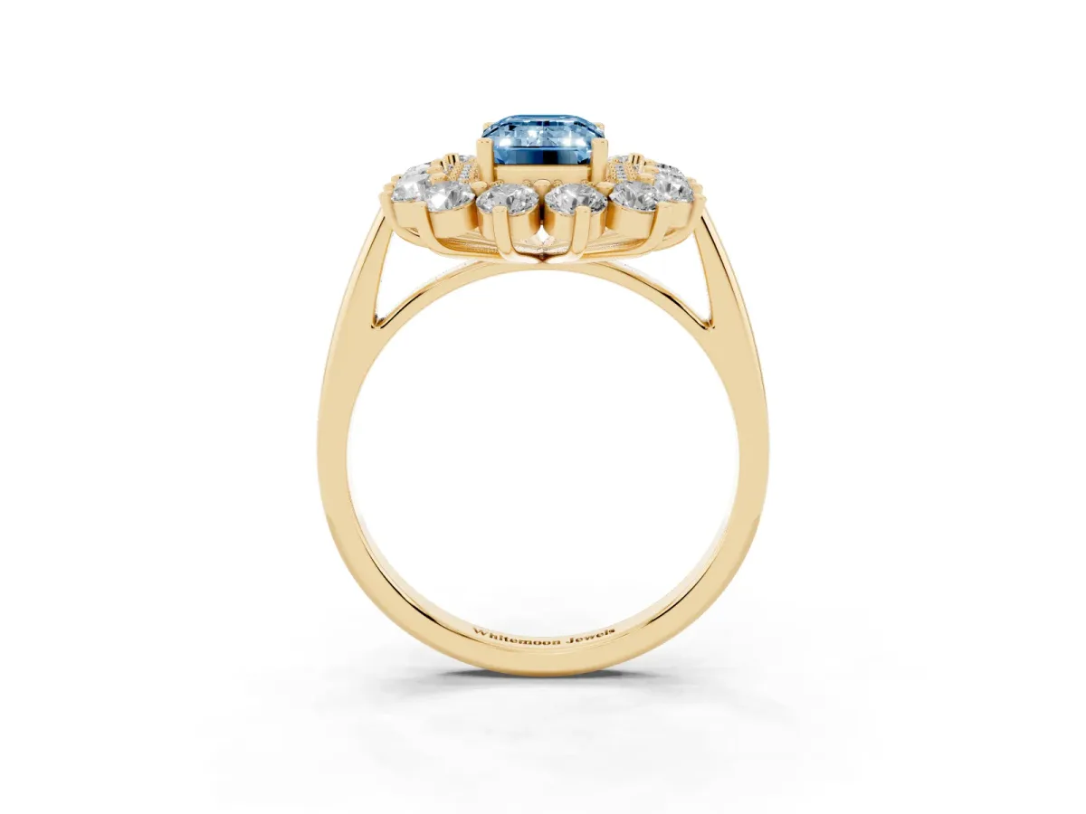 Fancy Blue Emerald Cut Diamond Floral Double Halo Engagement Ring with Prong Setting Yellow gold