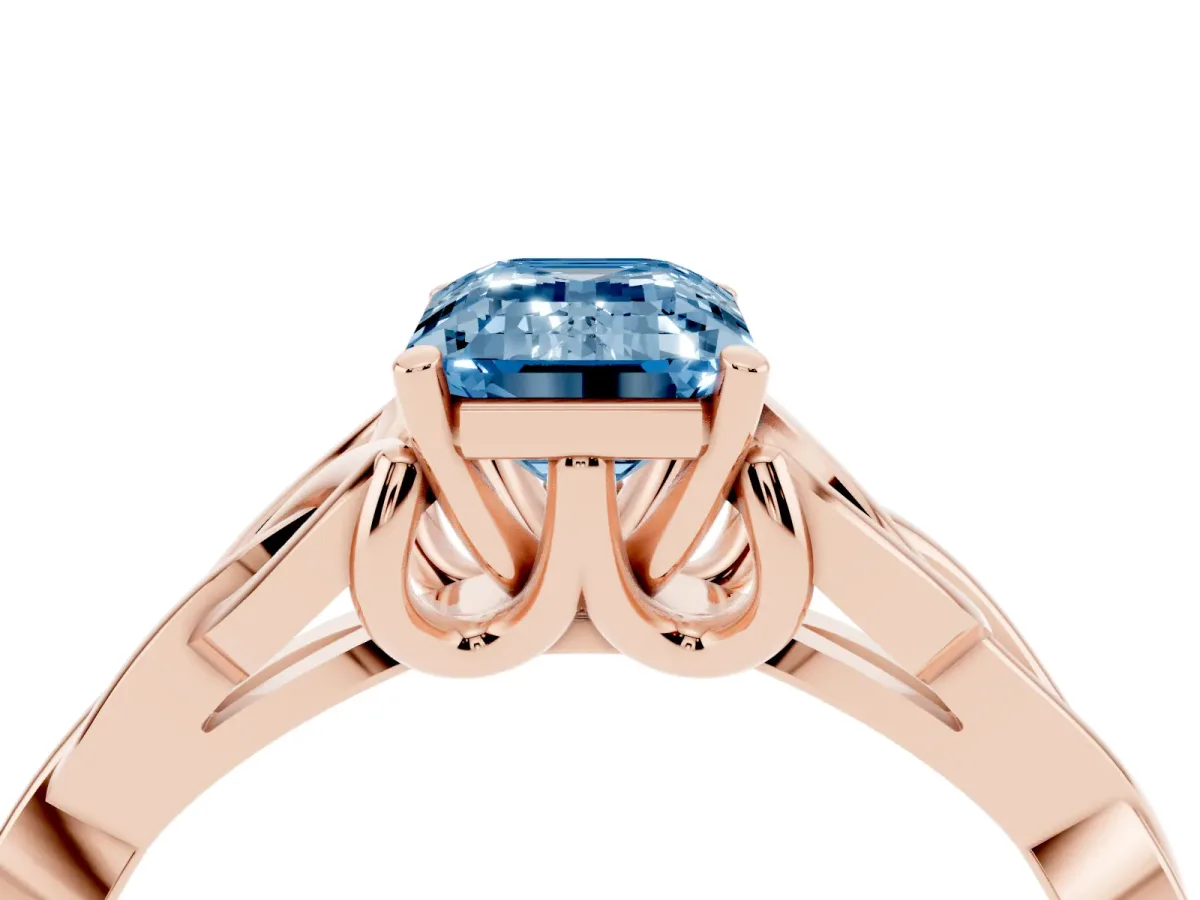 Fancy Blue Emerald Cut Diamond Solitaire Engagement Ring with Celtic Knot Band and Four-Prong Setting Rose gold