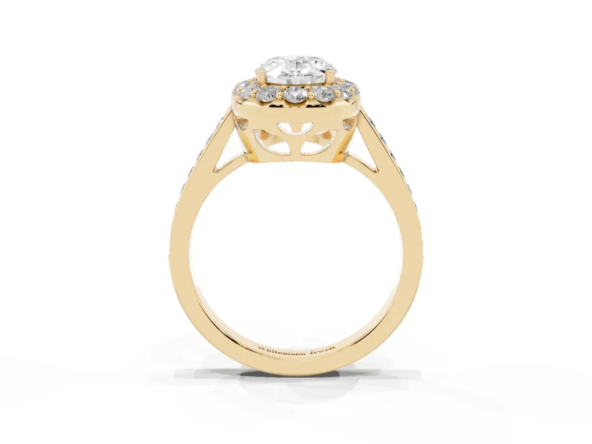 Oval Cut Diamond Floral Halo Ring with Pavé Band and Prong Setting Yellow gold