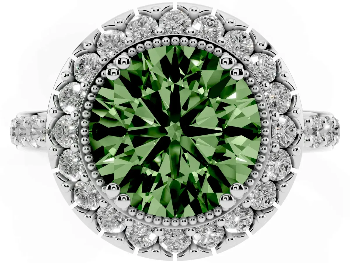 Fancy Green Round Cut Diamond Halo Ring with Pavé Band and Prong Setting Platinum