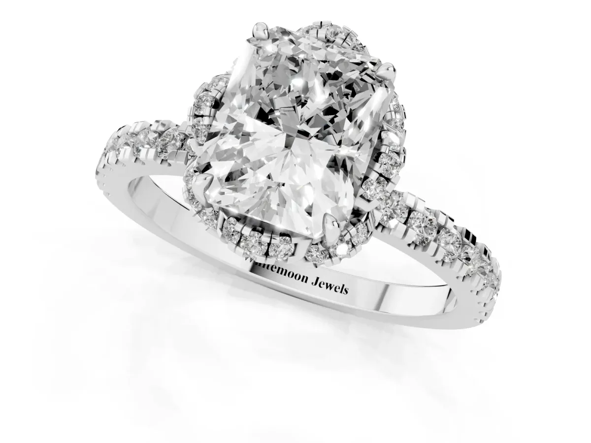 Radiant Cut Halo Diamond Pave Band Ring with Four-Prong Setting Silver