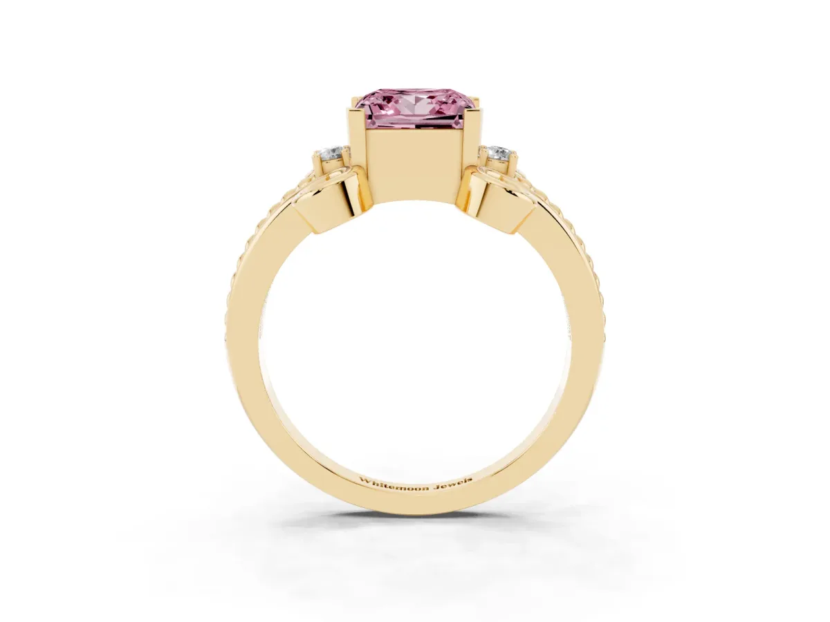 Fancy Pink Princess Cut Solitaire Twisted Band Scroll Prong Ring Yellow gold