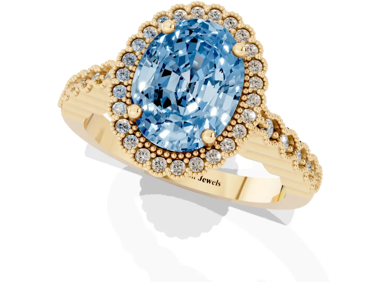 Fancy Blue Oval Cut Cut Halo Pavé Solitaire Ring with Milgrain Band Yellow gold