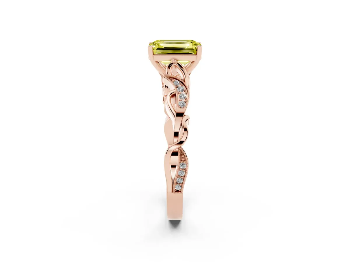 Fancy Yellow Emerald Cut Solitaire Vine Band with Milgrain Prong Setting Rose gold