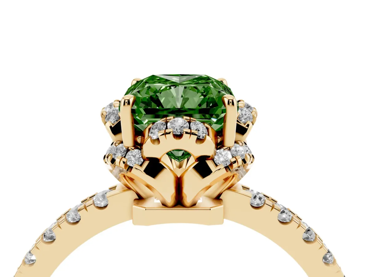 Fancy Green Radiant Cut Halo Diamond Pave Band Ring with Four-Prong Setting Yellow gold